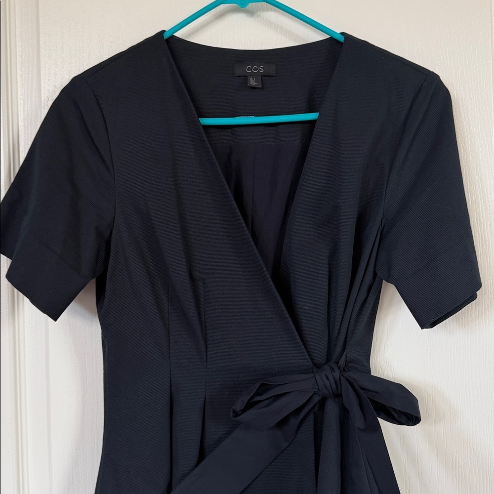 COS Navy Blue Textured Wrap Dress | Short Sleeve Minimalist A-Line - Picture 2 of 16